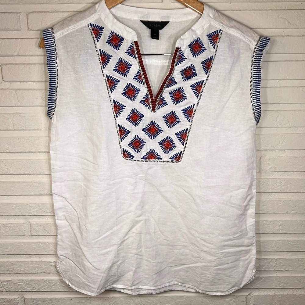 J. Crew White Embroidered Design Sleeveless Linen and Cotton Top, Women Size 0
